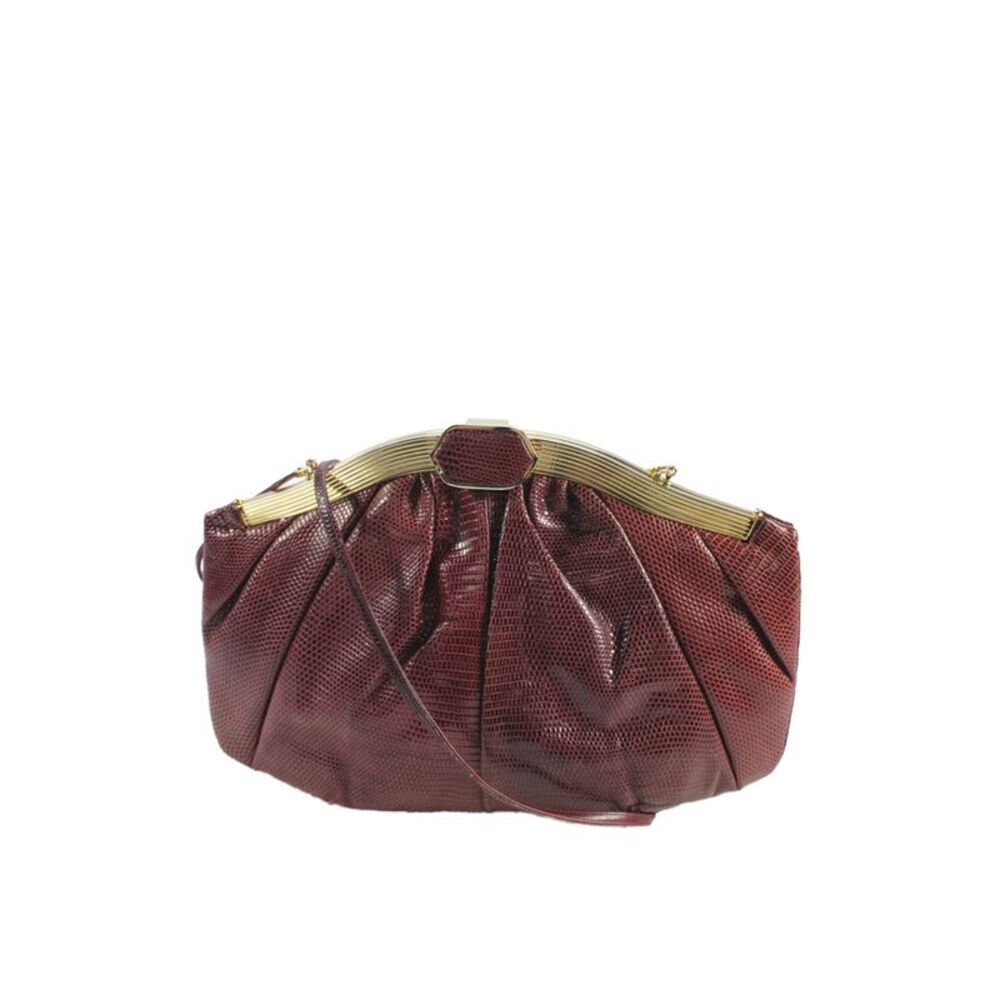 Judith Leiber Womens Embossed Animal Print Clutch Shoulder Handbag Wine
